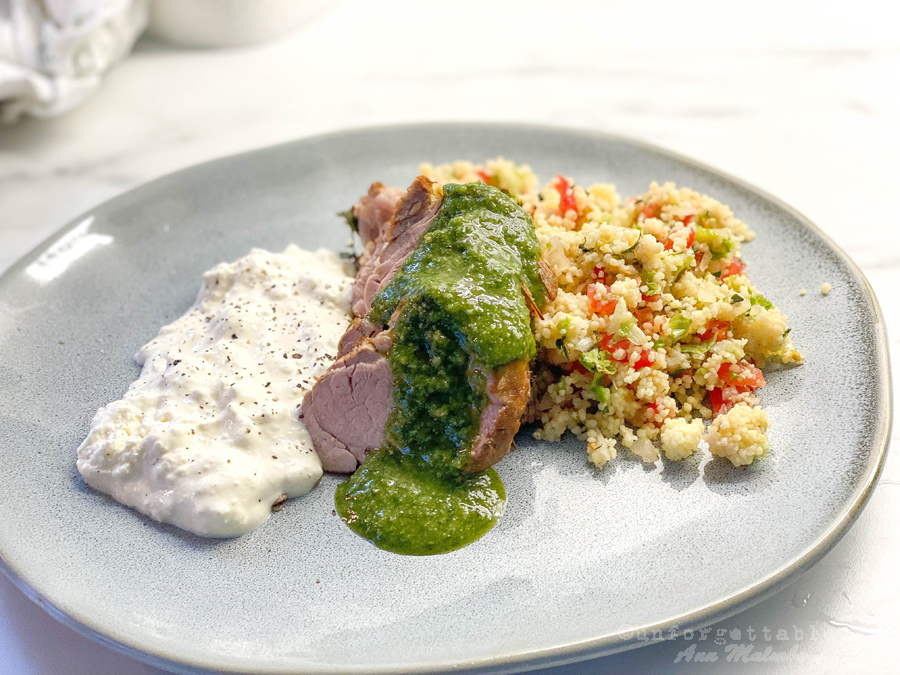 Fläskfilé ugn med Tabbouleh och pesto