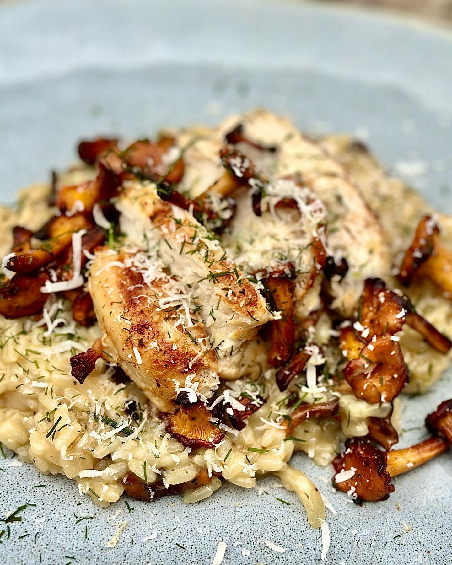 Risotto med kantareller och brynt smör & grillad kycklingfilé