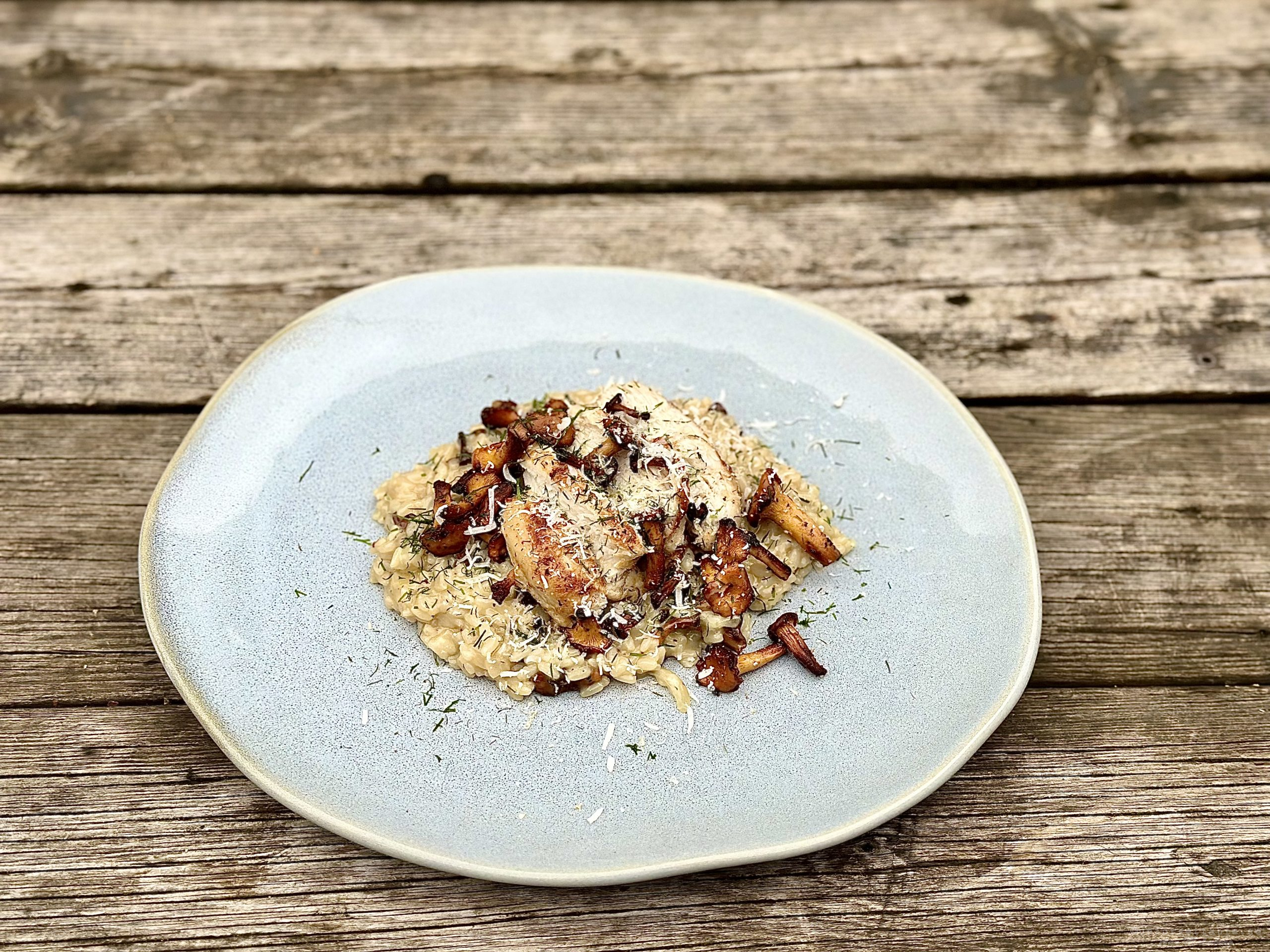 Risotto med kantareller och brynt smör & grillad kycklingfilé